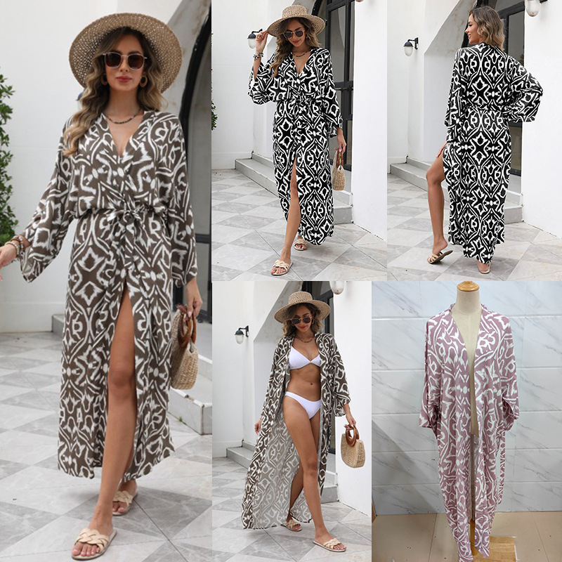 2025 New Beach Sun Protection Cardigan Women Vacation Printed Long Bikini Outer Swimsuit Cover Up