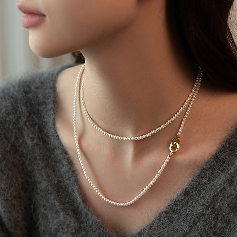 Swarovski-style small rice pearl imitation pearl necklace for women, autumn/winter neck chain, long layered sweater chain
