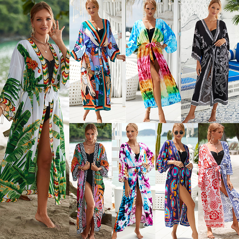 2023 New Rayon Printed Beach Jacket Sexy Sun Protection Cardigan Vacation Bikini Outer Cover Up Women