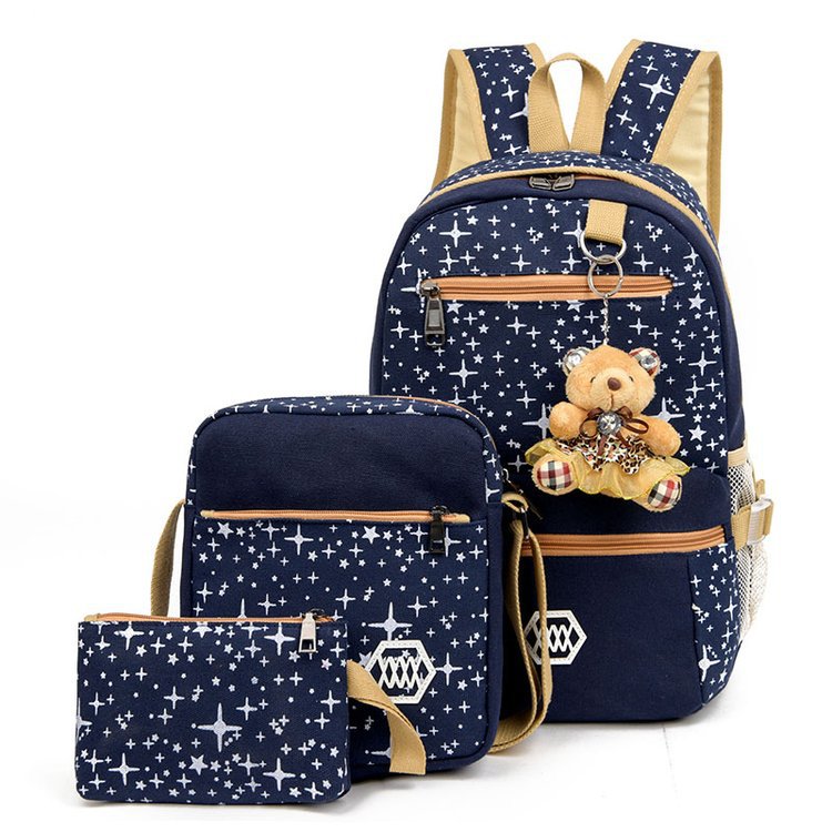 Double shoulder bag mother-child bag pure cotton canvas backpack travel bag student schoolbag 3-piece set