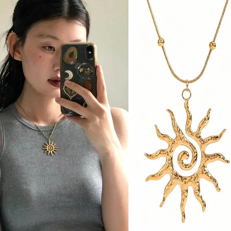 Spiral Sun Pendant Necklace for Women Gold Hollow Pendant Simple Choker