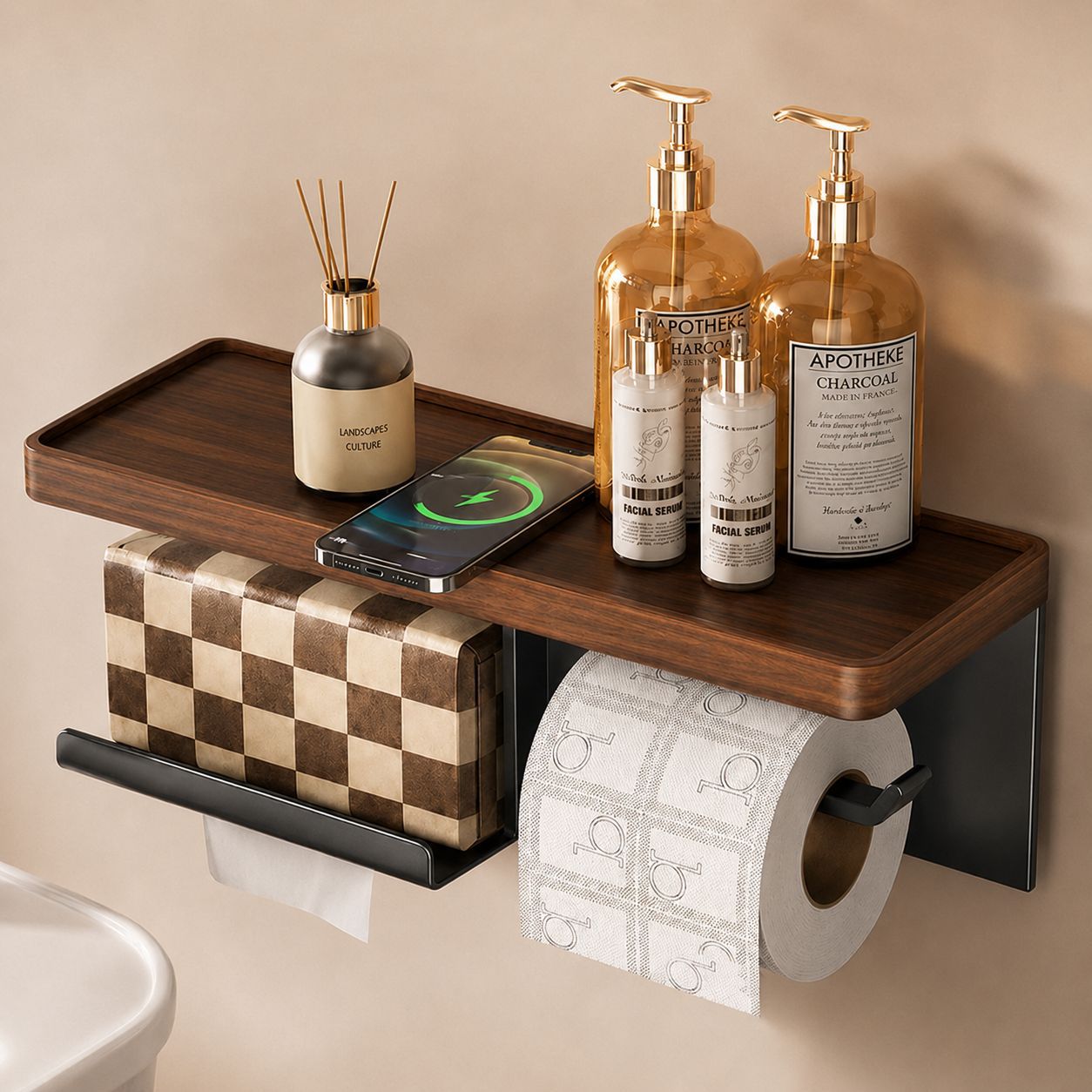 Walnut Color Bathroom Toilet Paper Holder No-Drill Bathroom Tissue Box Rack Hotel Toilet Paper Storage