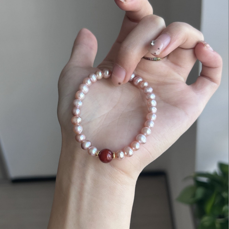 Natural freshwater pearl cinnabar bead bracelet women's purple gold sand whitening layered bracelet