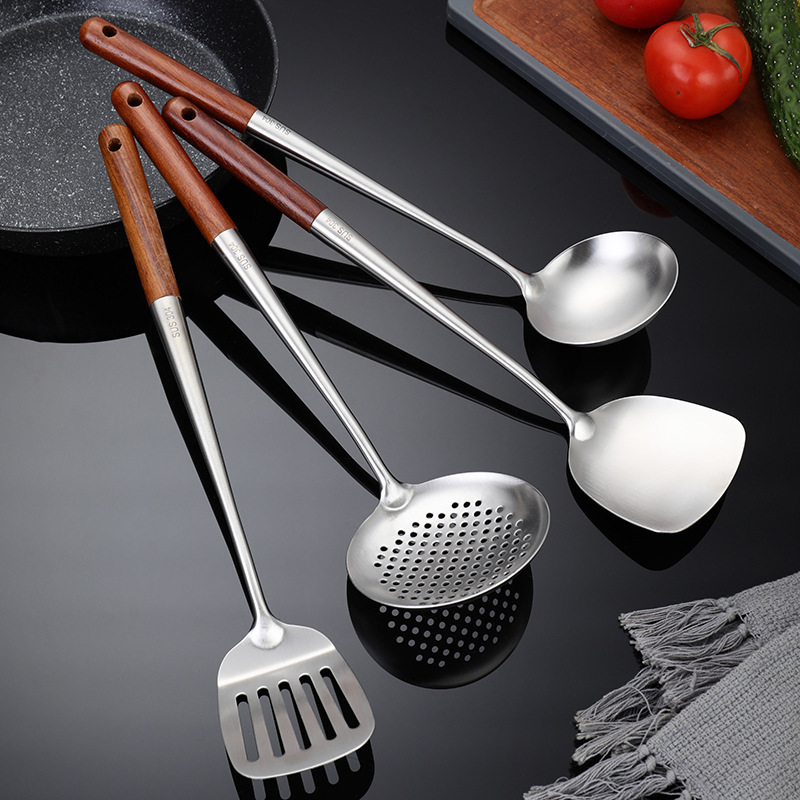Stainless steel long-handled wok spatula home chef kitchen utensils wok spatula large soup spoon serving spoon padauk wood handle chef series