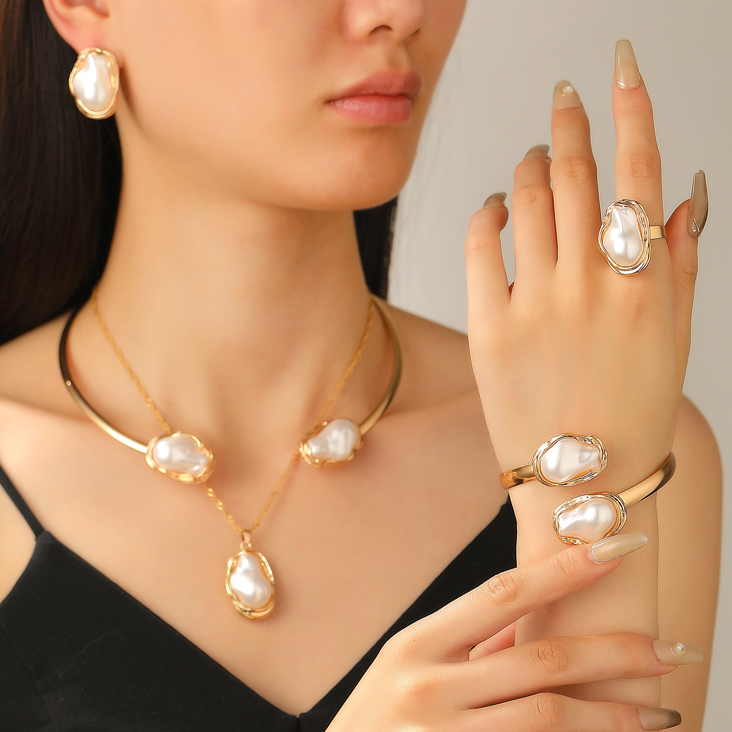 Baroque Irregular Pearl Set Jewelry Women Necklace Stud Earrings Bracelet Choker