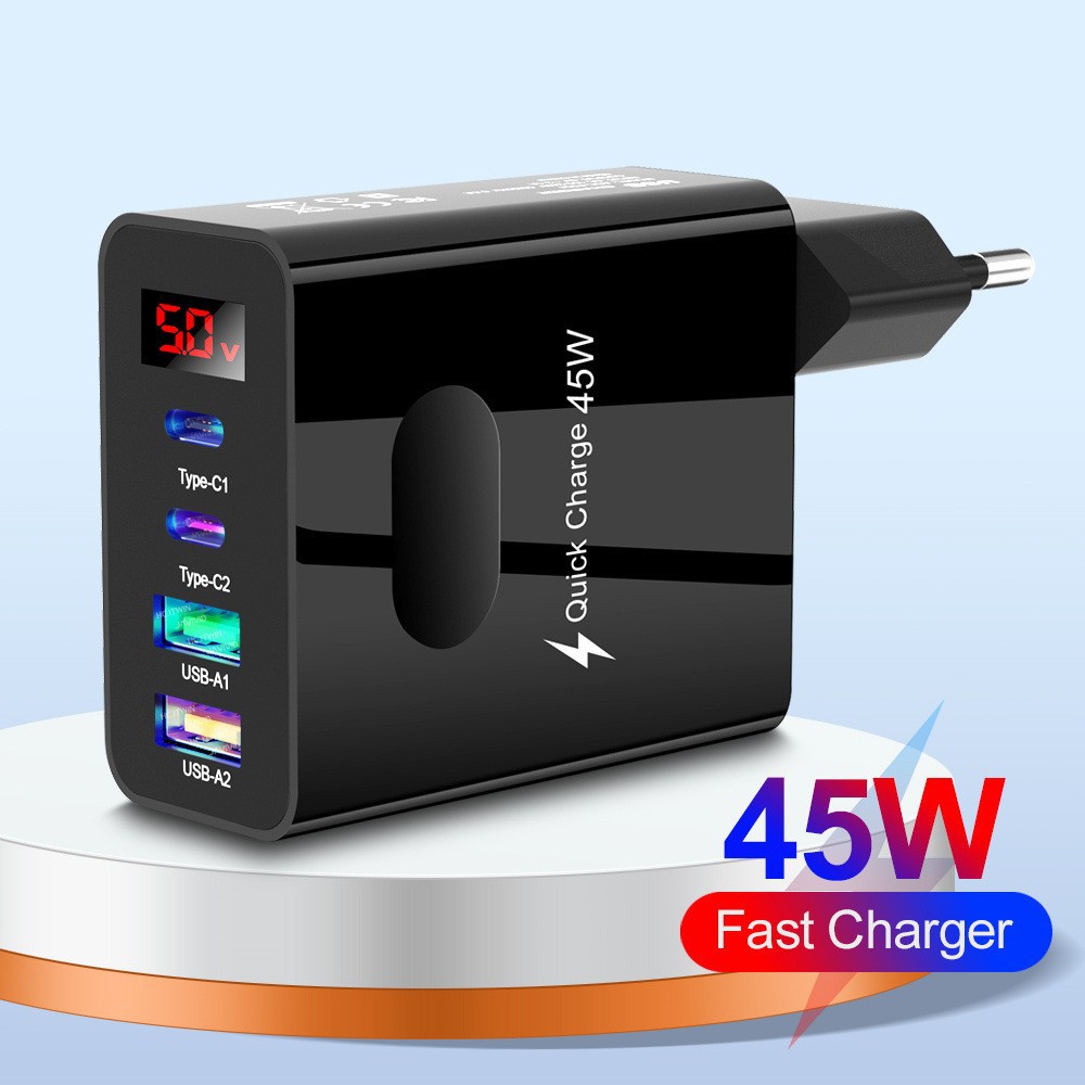 Digital Display 2USB+2Type-C Digital Phone Charger Multi-Port Charging Head UK Plug