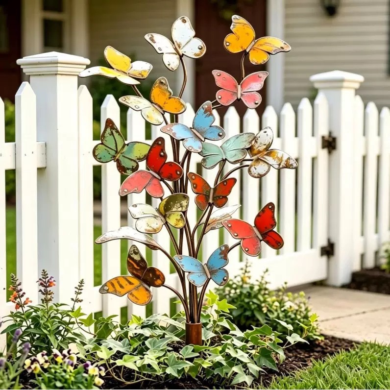 Iron Butterfly Ground Insert Garden Courtyard Decoration Outdoor Potted Plant Lawn Colorful Metal Insert Sign
