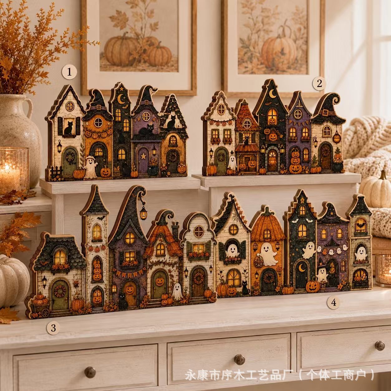 Halloween Ghost Town Village Wooden Tabletop Ornament Autumn Country Style Tray Halloween Craft Ornament