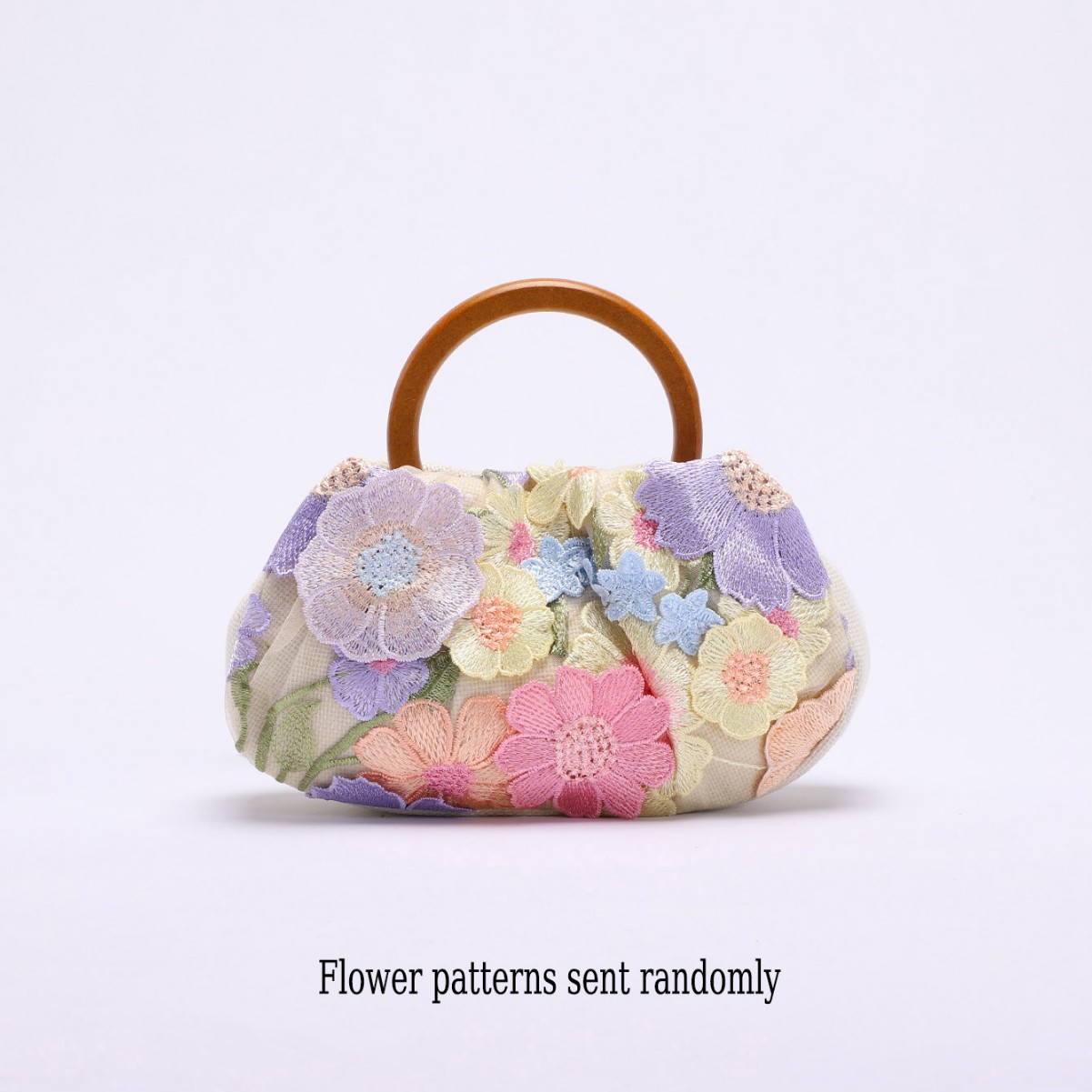 Round Ring Wooden Handle Bag Bamboo Knot Bag Applique Embroidery Vacation Style Women's Handbag Pearl Sequins Evening Bag
