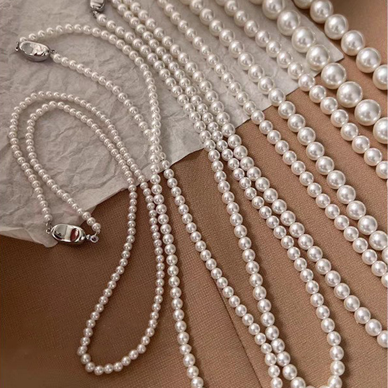 Swarovski Pearl Necklace for Women, Small Design Simple Clavicle Chain, Buckle Button, Sweater Chain