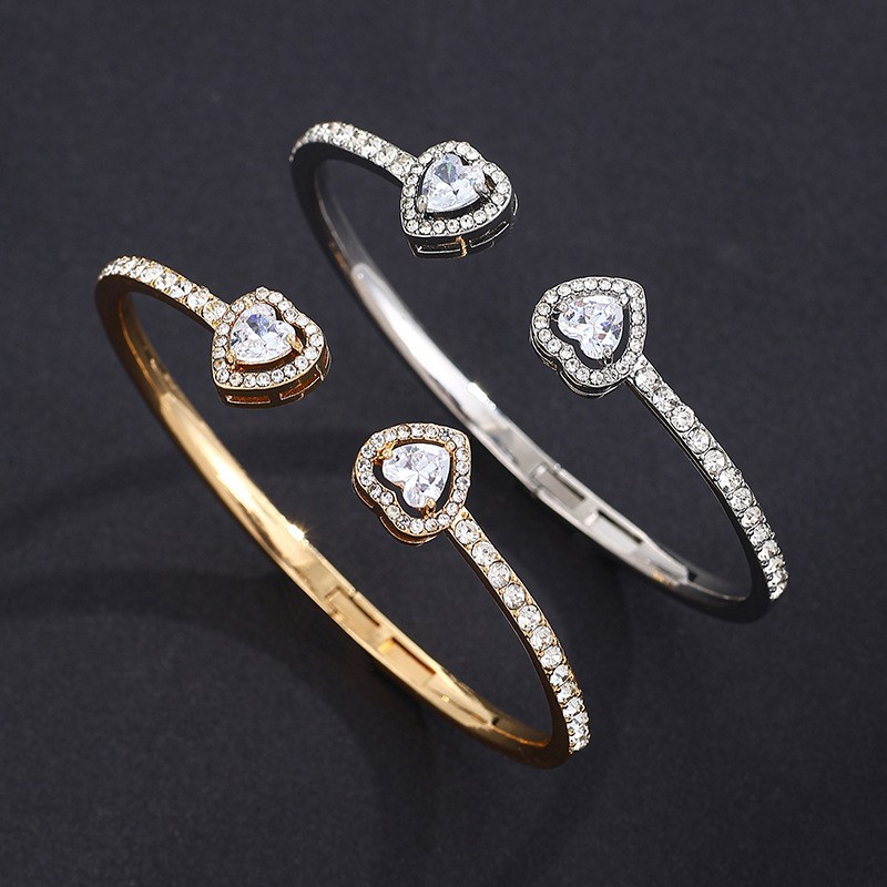 Gold-plated zircon heart-shaped open bangle for women jewelry