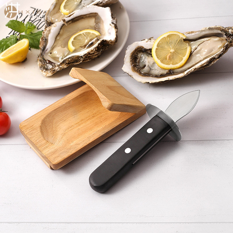 Stainless steel oyster knife, oyster knife, oyster knife, scallop knife, thick blade kitchen shell opener, wooden oyster stand