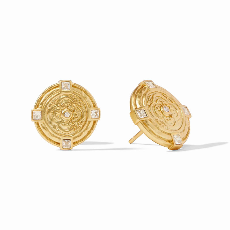 JV matte gold round embossed inlaid square gem simple ear studs