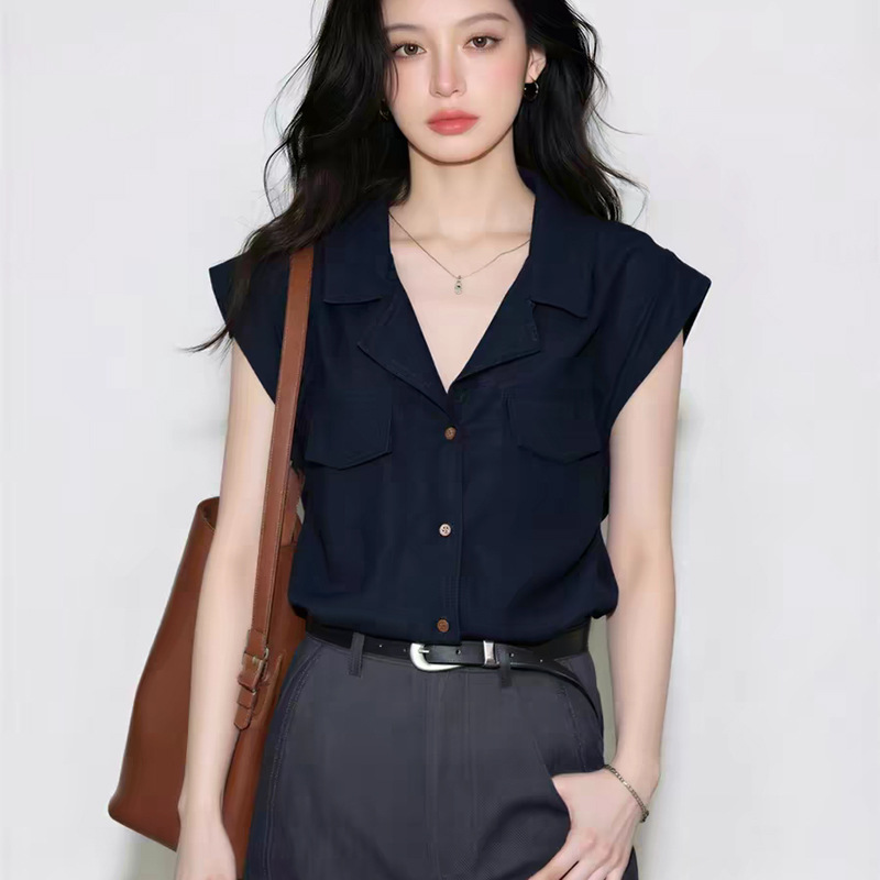Navy Blue Turn-Down Collar Short-Sleeve Shirt Summer 2026 Women's Office Top
