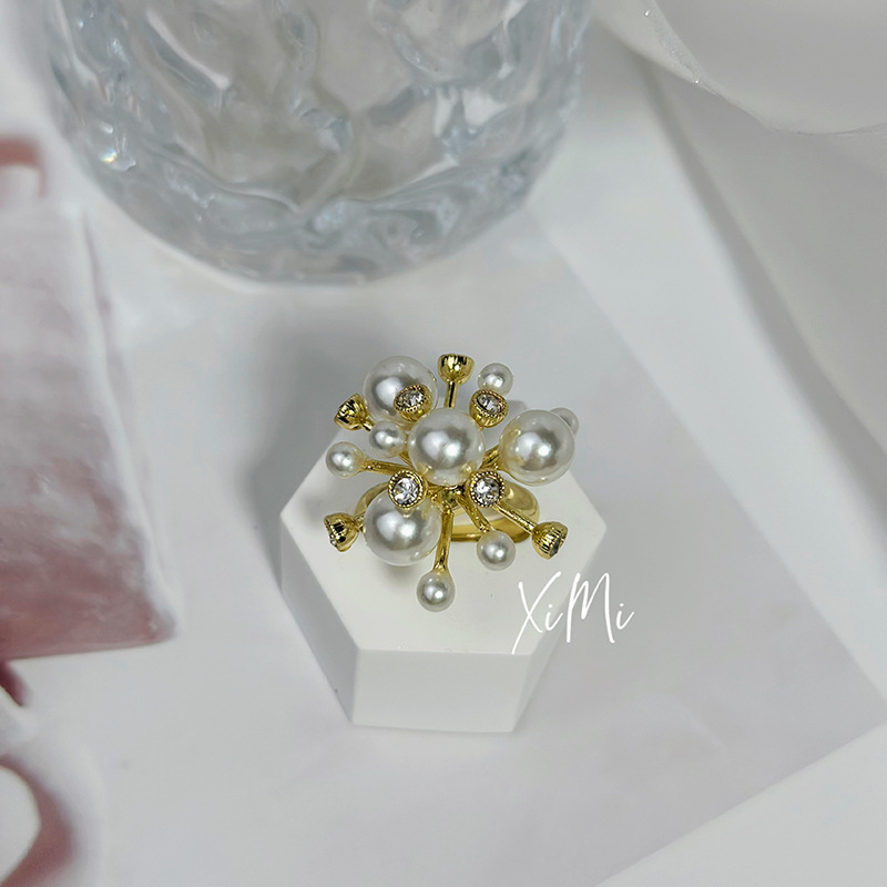 Simple Starry Sky Pearl Open Ring for Women Fireworks Index Finger Ring Exaggerated Band