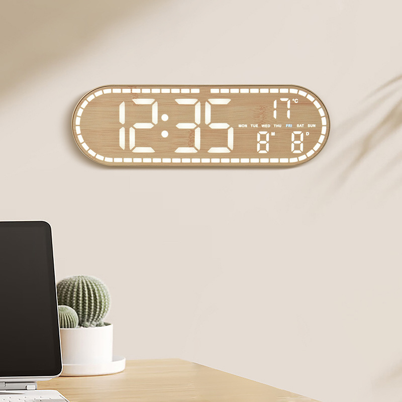 New Home Wall Clock Simple Wood Grain Style LED Electronic Clock Multifunctional Standing or Hanging GH8053