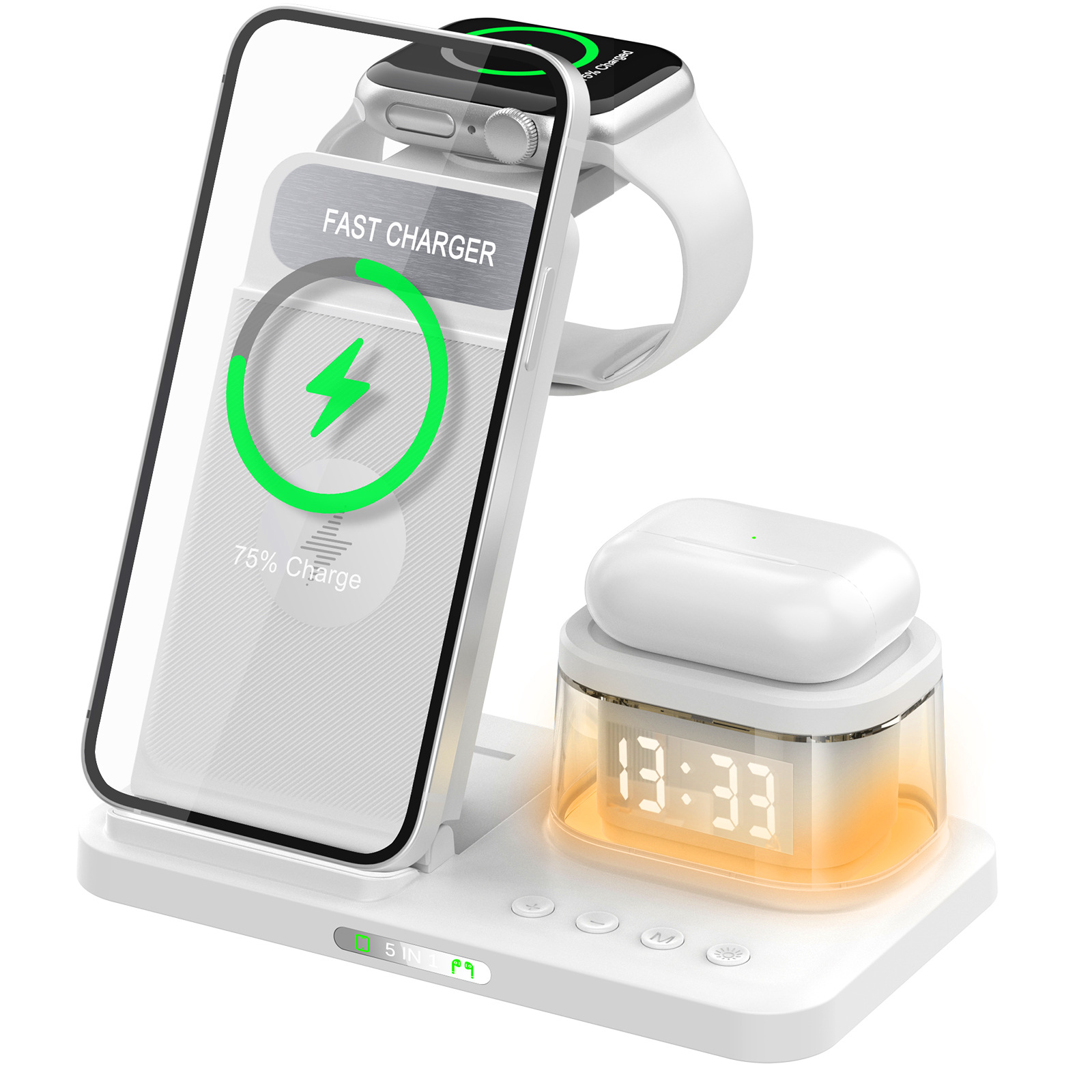 2026 5-in-1 Clock Night Light Wireless Charger 15W Fast Charge Wireless Charger Foldable Multifunctional Charging Stand