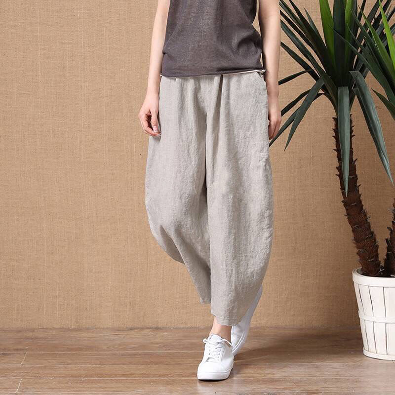 Summer Loose Breathable Seven-tenths Pants Cotton-linen Solid Elastic Waist Women's Wide-leg Pants Simple Casual Pants