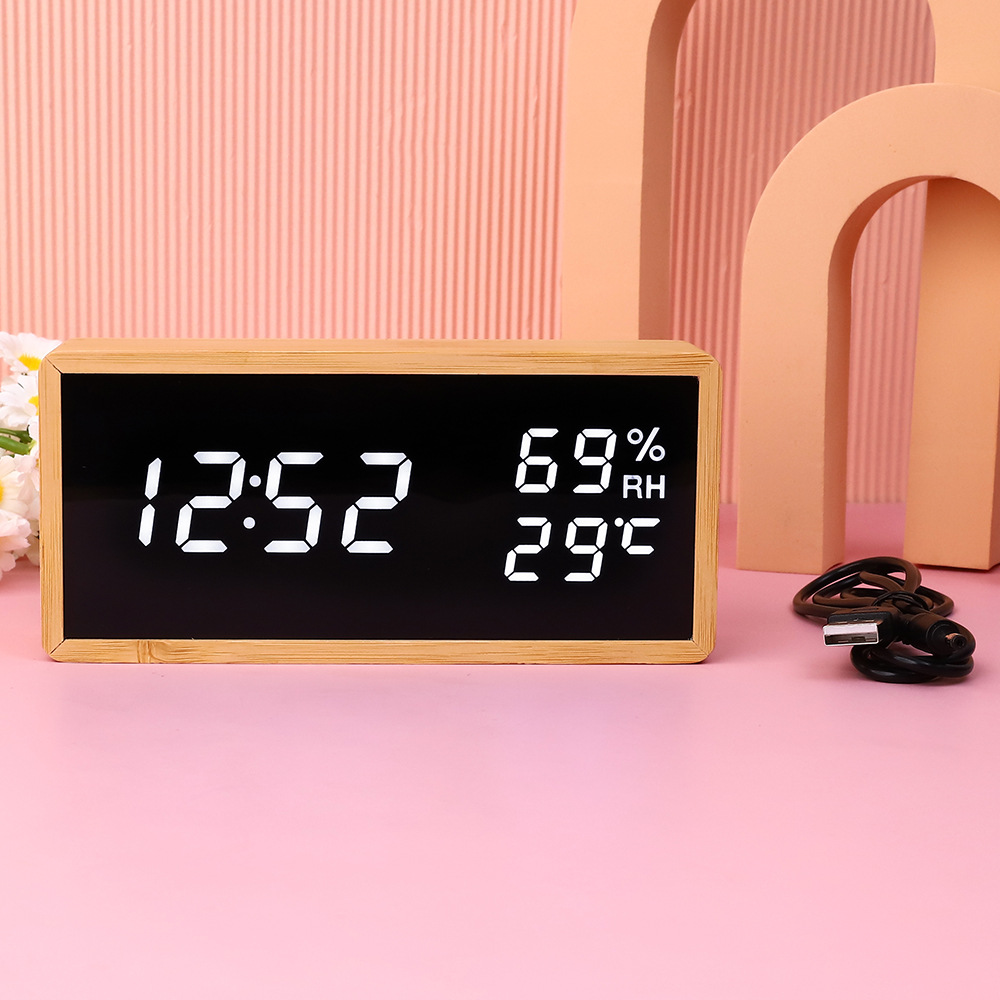 Bamboo wood LED bedroom electronic alarm clock, smart student children's desktop charging desktop clock with temperature and humidity meter wholesale