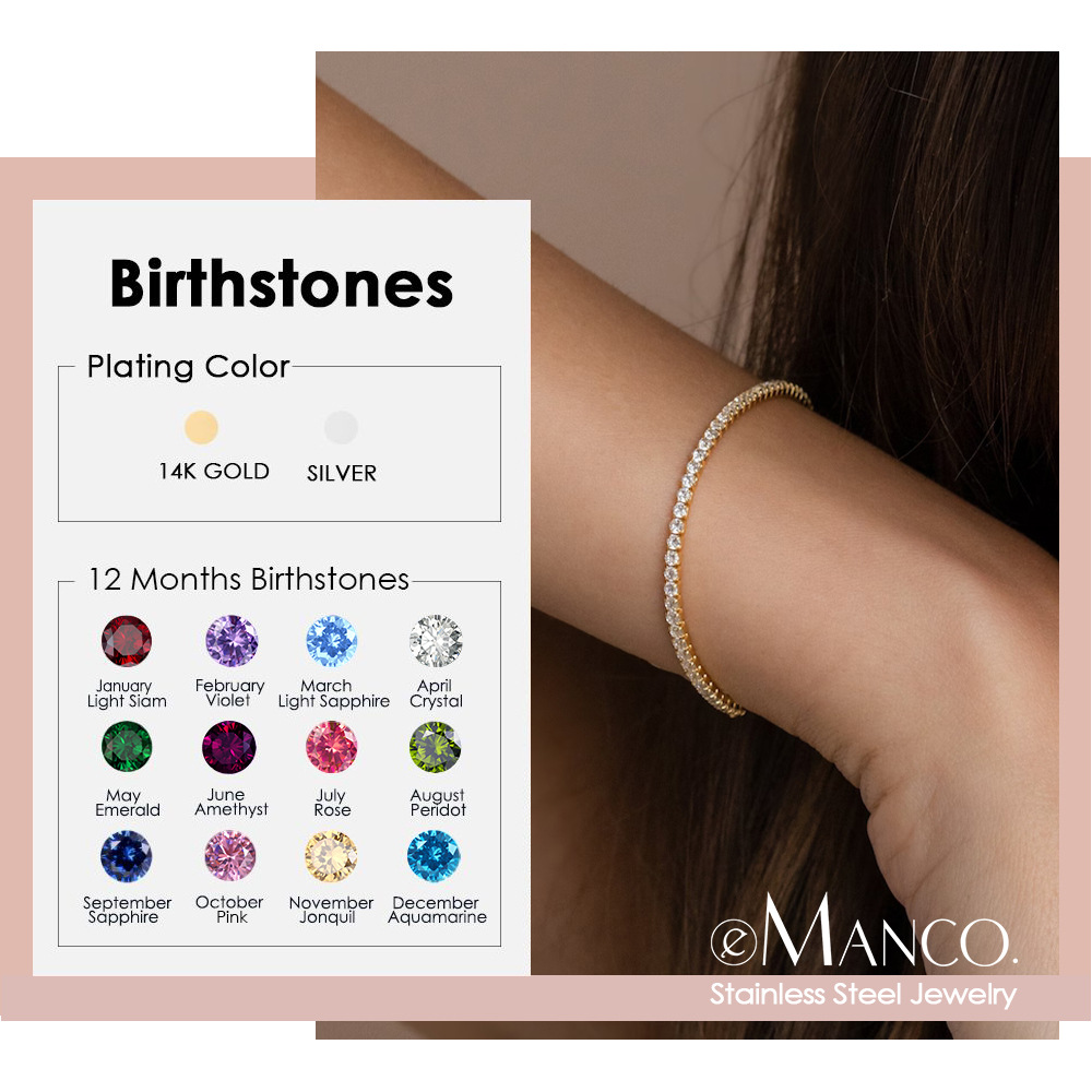 eManco Simple Birthstone Single Row Diamond Bracelet Round Zircon Tennis Chain Bracelet Hand Jewelry