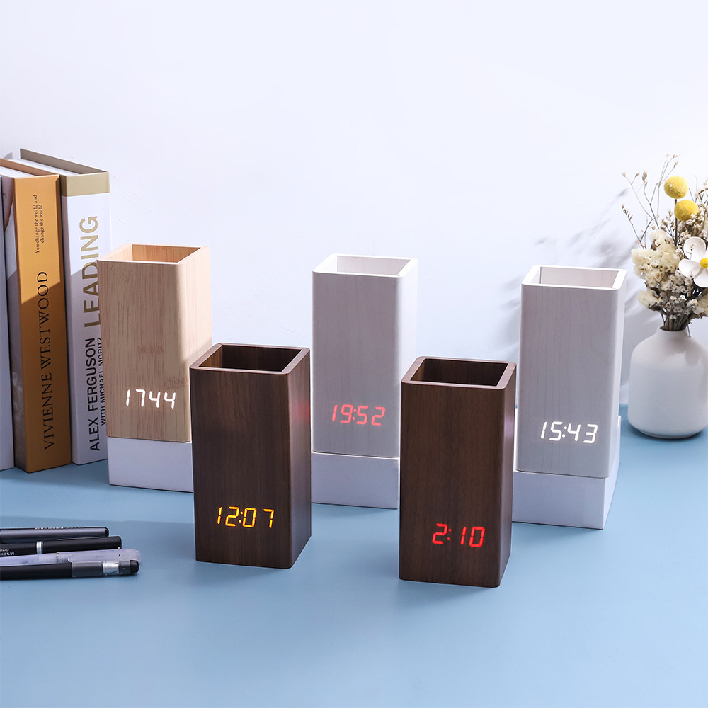 Simple home office pen holder wooden clock, wooden home pen holder alarm clock, factory direct sale