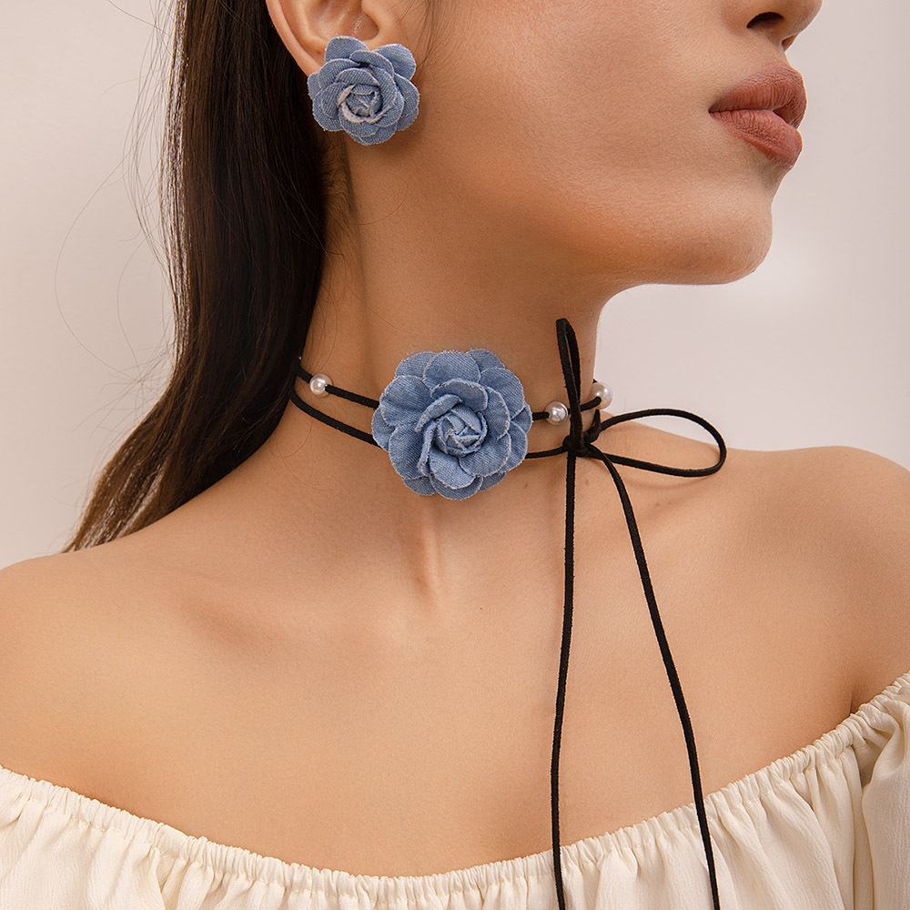 SZ0627 Denim Camellia Beaded Lace-up Necklace Earrings Set Women's Niche Choker Collarbone Chain