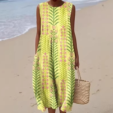 2026 New Sleeveless Printed Dress Beach Vacation Loose Mid Length Round Neck Dress Seaside Vacation Dress