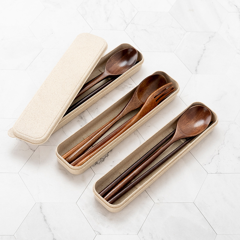 Zhiguang Long Handle Wooden Spoon Outdoor Portable Tableware Travel Set Public Chopsticks Spoon Three-piece Set Rice Noodle
