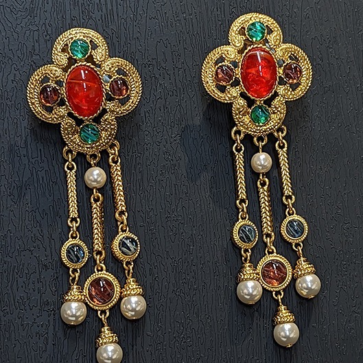 Vintage Heavy Craft Window Cutout Hollow Texture Brass Gold Plated Glass High Quality Tassel Earrings Ear Clips for Non-Pierced Ears