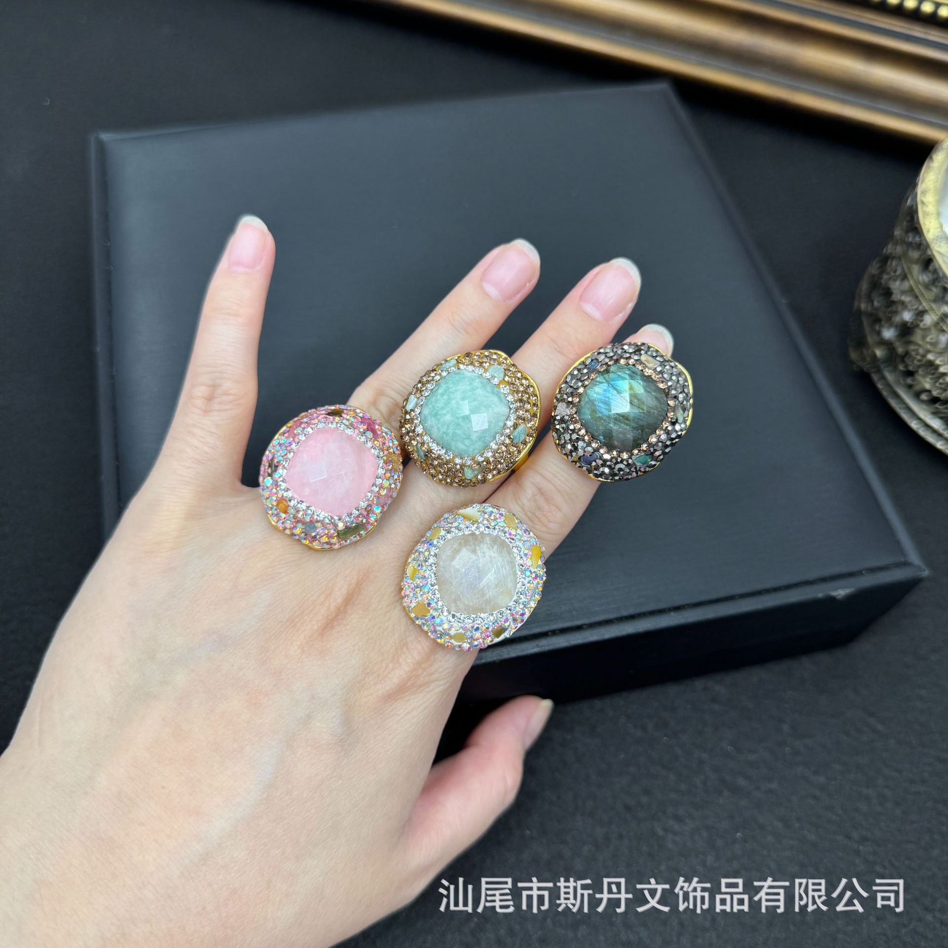 New Natural Raw Stone Square Faceted Ring Niche Inlaid Full Diamond Ring Live Stream