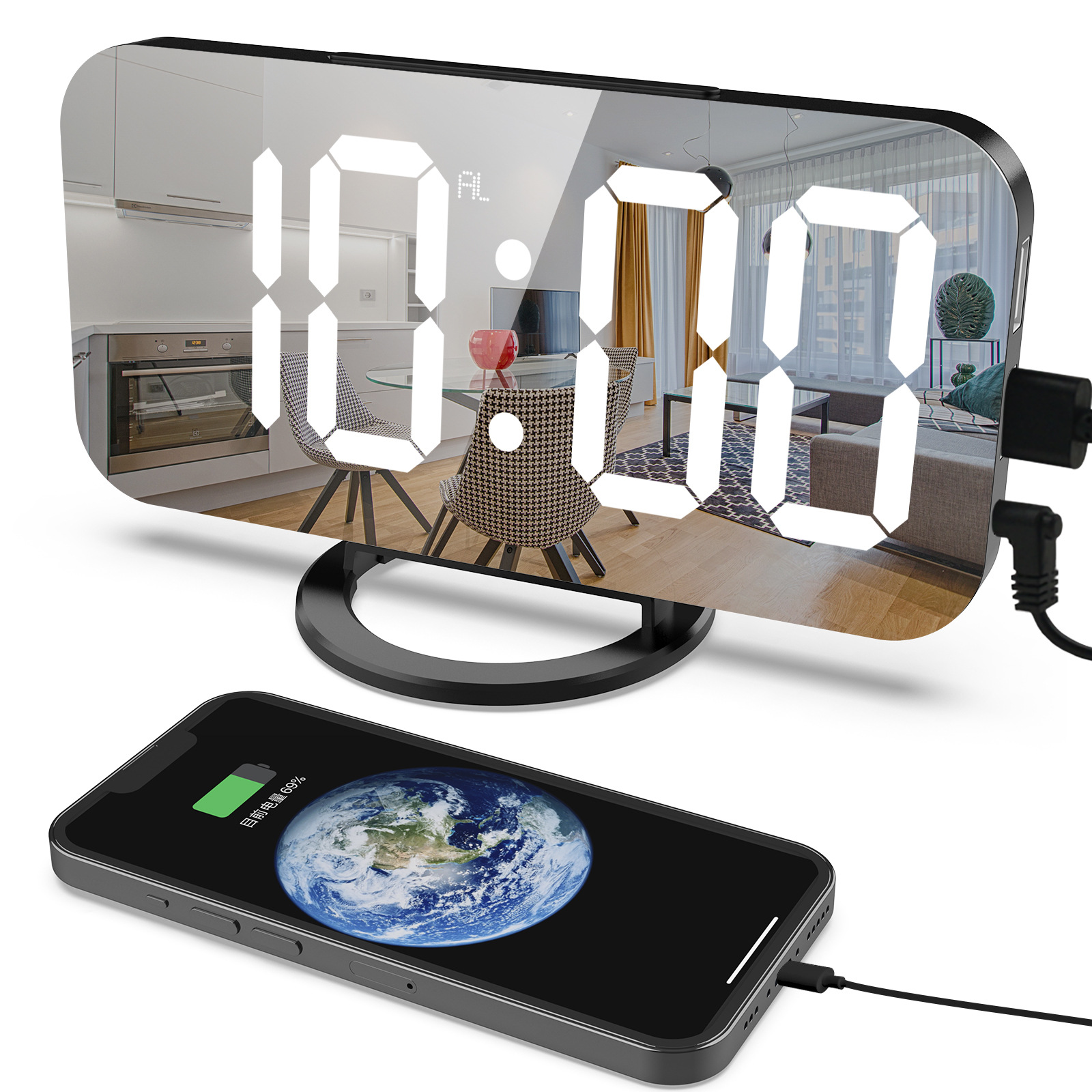 LED alarm clock dual USB output phone charging snooze mirror clock digital clock induction dimming electronic clock
