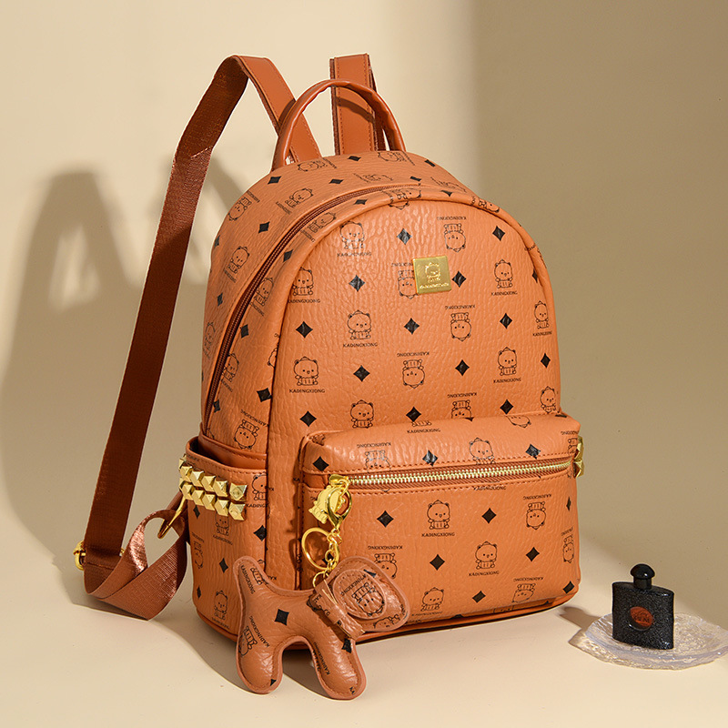 Brand M bear rivet double-shoulder bag fan print diamond quilted double-shoulder women's bag with pendant high-quality leather schoolbag