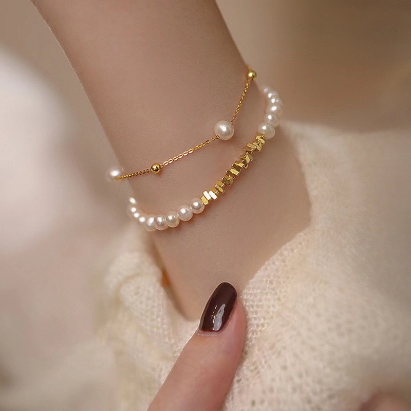 Natural Freshwater Pearl Bracelet Stackable New Women Double Layer Small Gold Bead Bracelet Summer