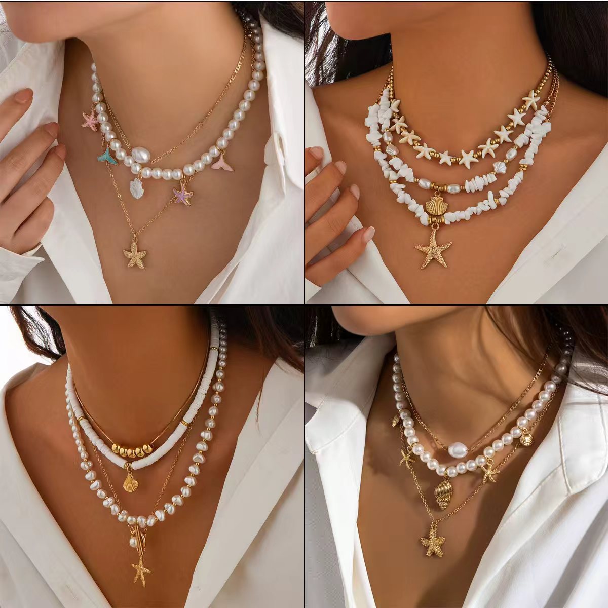 Cross Multi-Layer Pearl Necklace Shell Starfish Pendant Choker Layered Neck Chain Chain