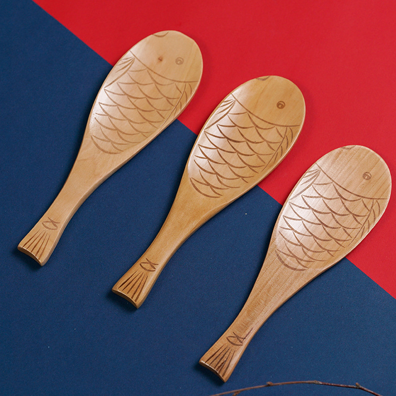 Wooden Tableware Birch Natural Color Fish-Shaped Rice Spoon Scoop Rice Spoon Cartoon Spoon