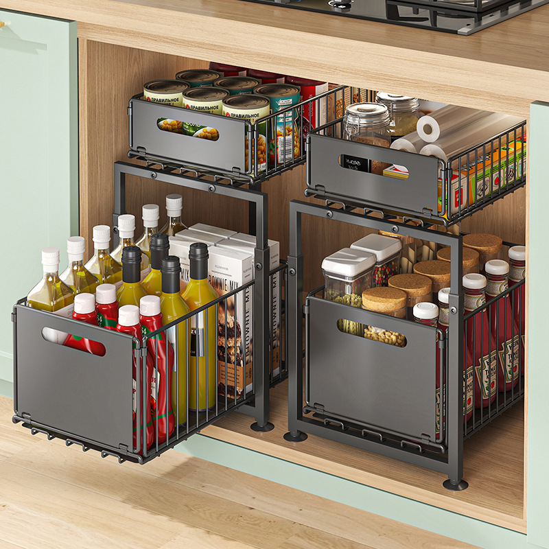 Pull-out basket cabinet sink storage rack seasoning rack retractable multifunctional drawer storage basket