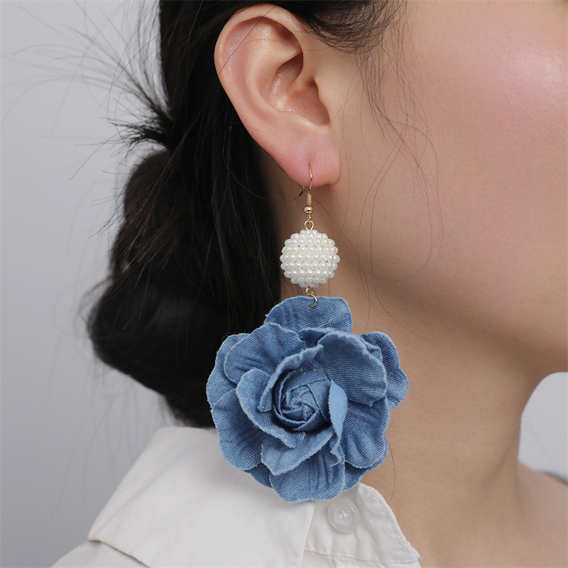 EZ5074 Women's Earrings Camellia Denim Blue Cloth New Women's Ear Accessories