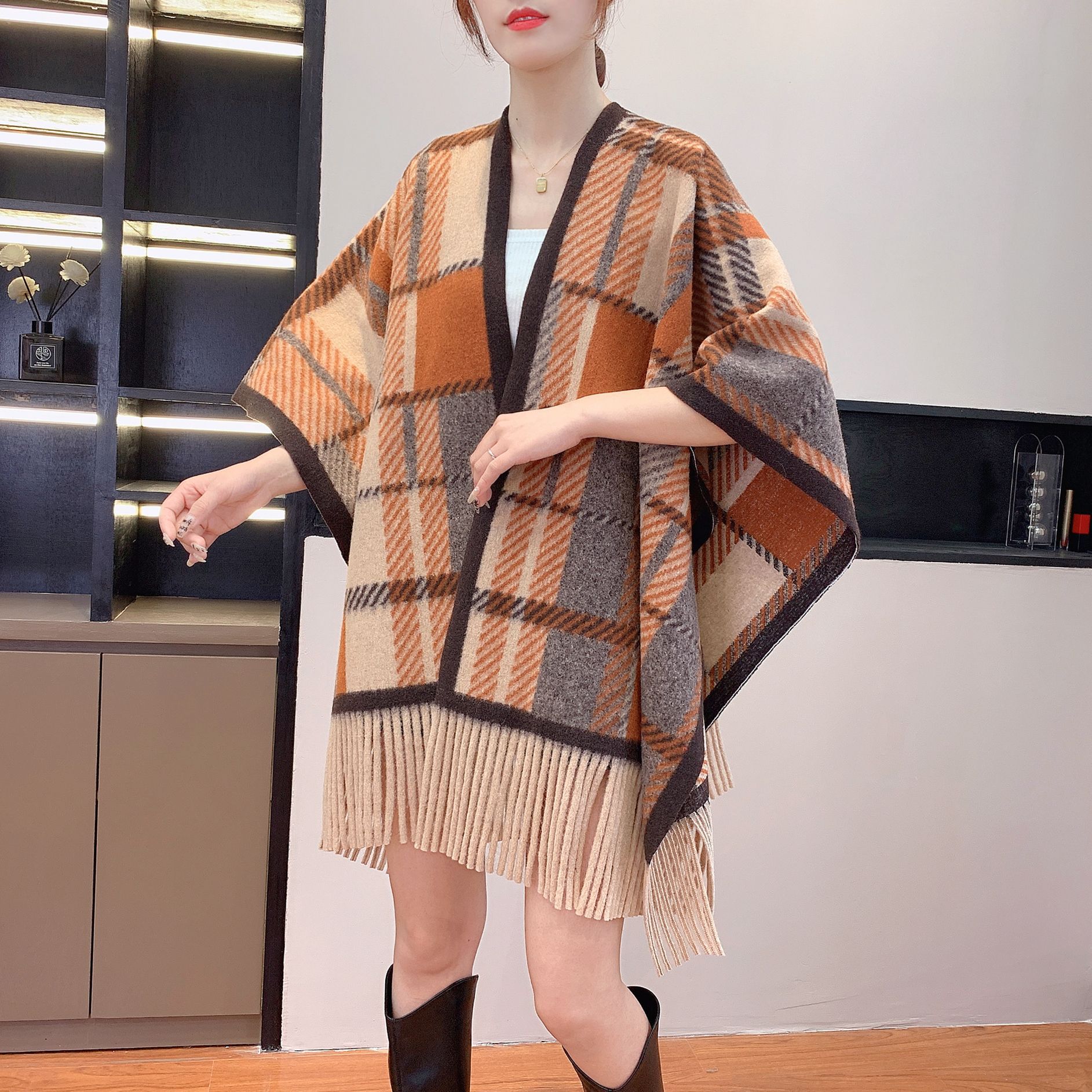 Imitation Cashmere Printed Shawl Outerwear Dress Cape Decorative New Plaid Warm Scarf