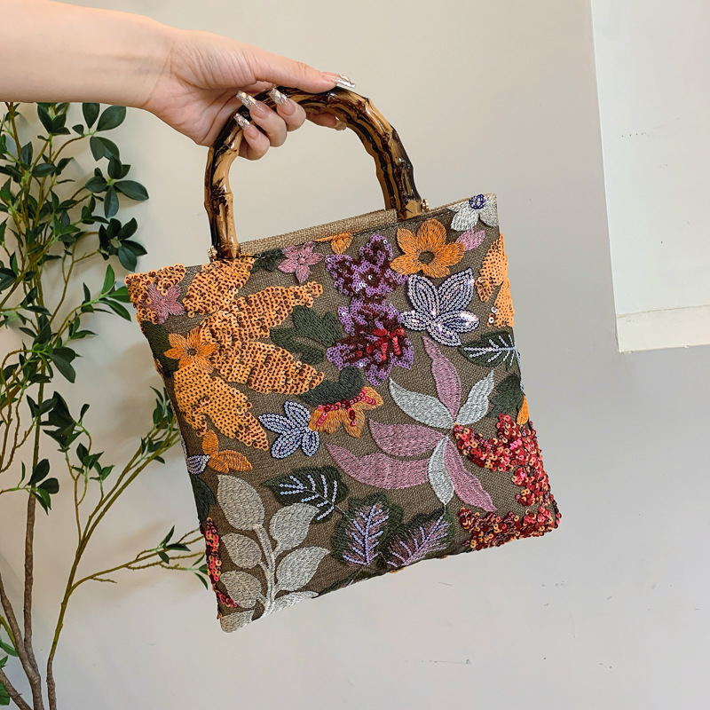 New Linen Bamboo Knot Handle Bag 2024 New Women's Bag Embroidery Sequins Women's Handbag Evening Bag