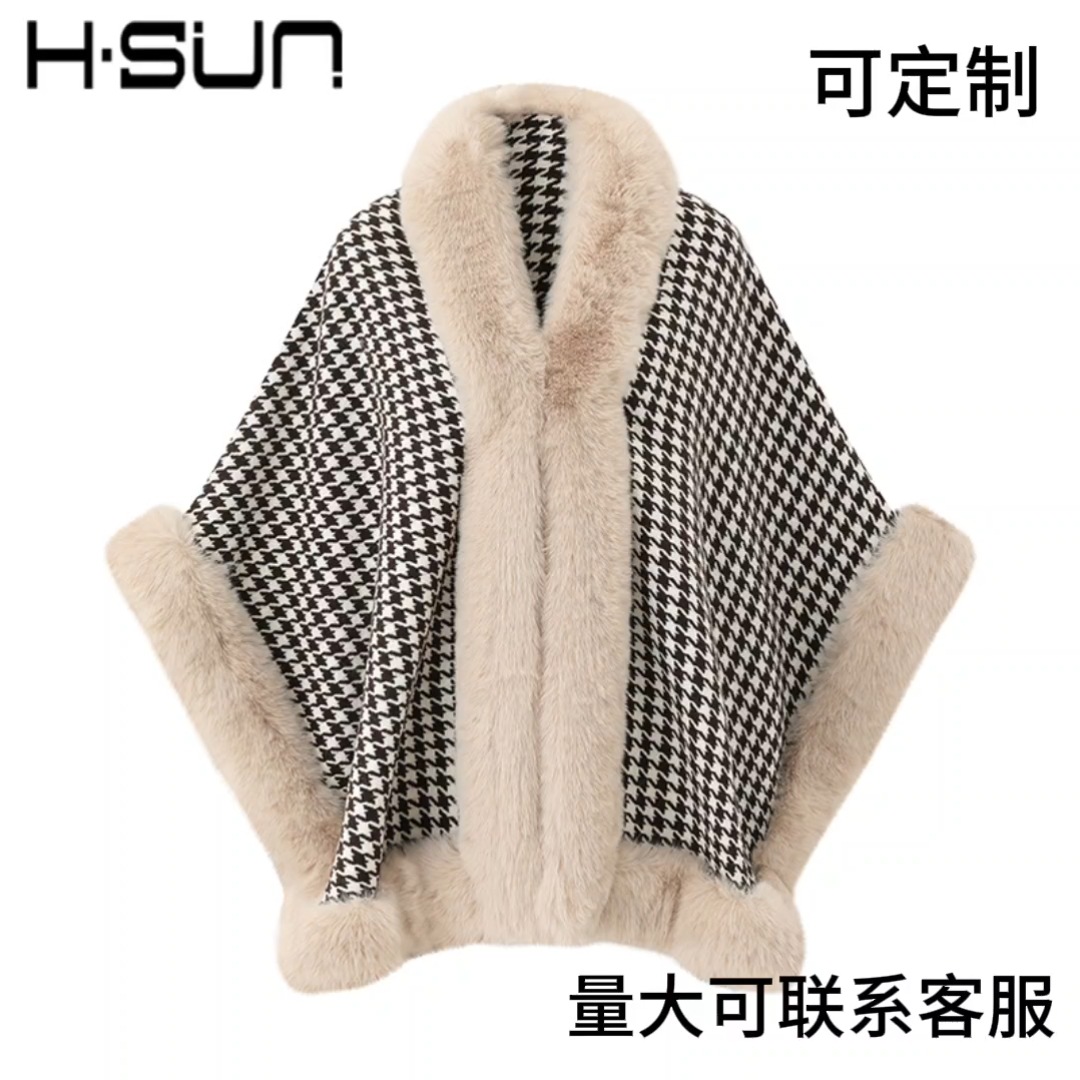 Mid-Length Fur Collar Imitation Rabbit Fur Large Fur Collar Houndstooth Shawl Scarf Poncho Cape Shoulder Cape