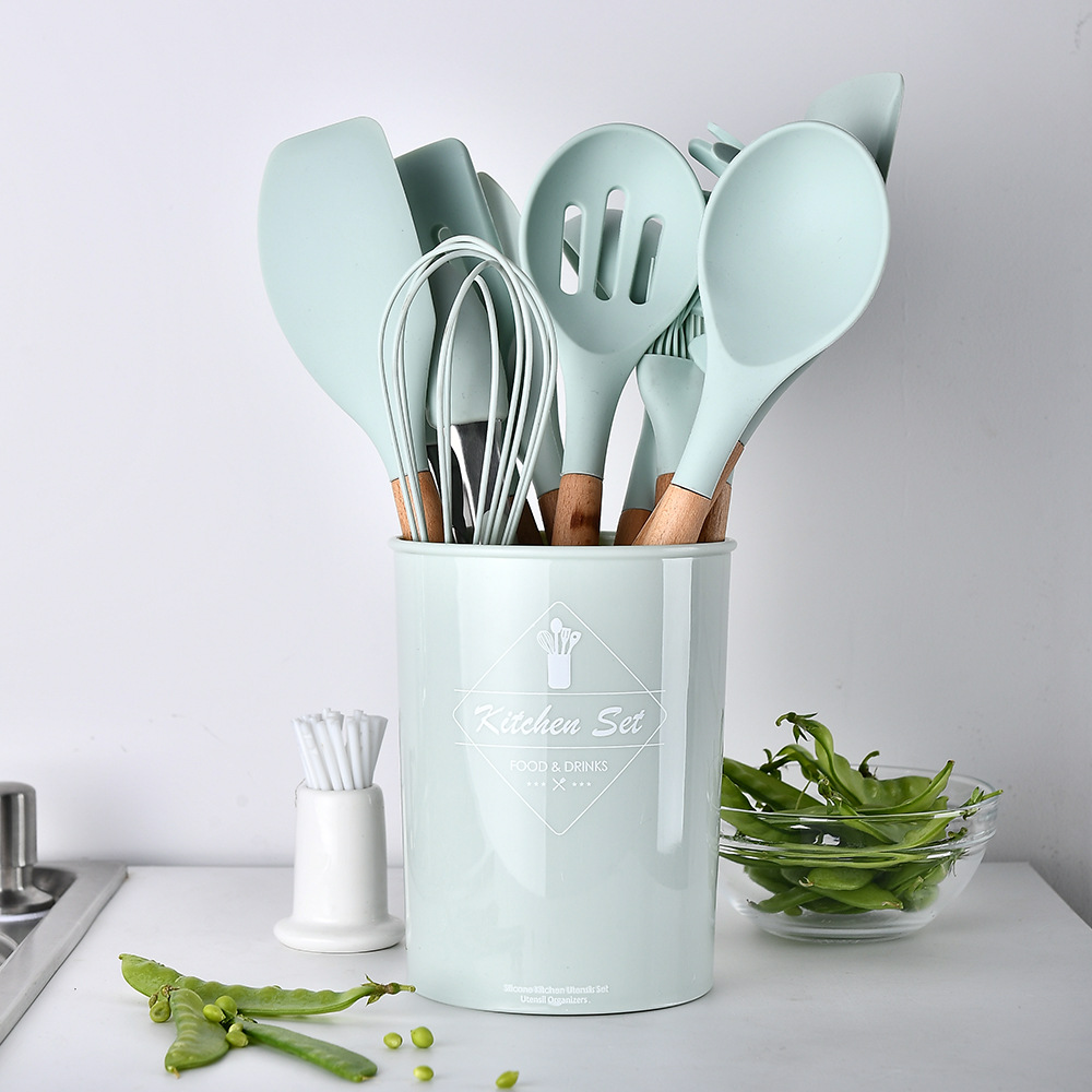 Storage Bucket Fresh Green Wood Handle Silicone Kitchenware 11-Piece Set Non-Stick Spatula Kitchen Tool Set Ten Sets