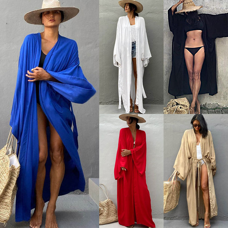 New Rayon Loose Long Cardigan Beach Sun Protection Jacket Seaside Vacation Bikini Cover Up Swimsuit Outer Women