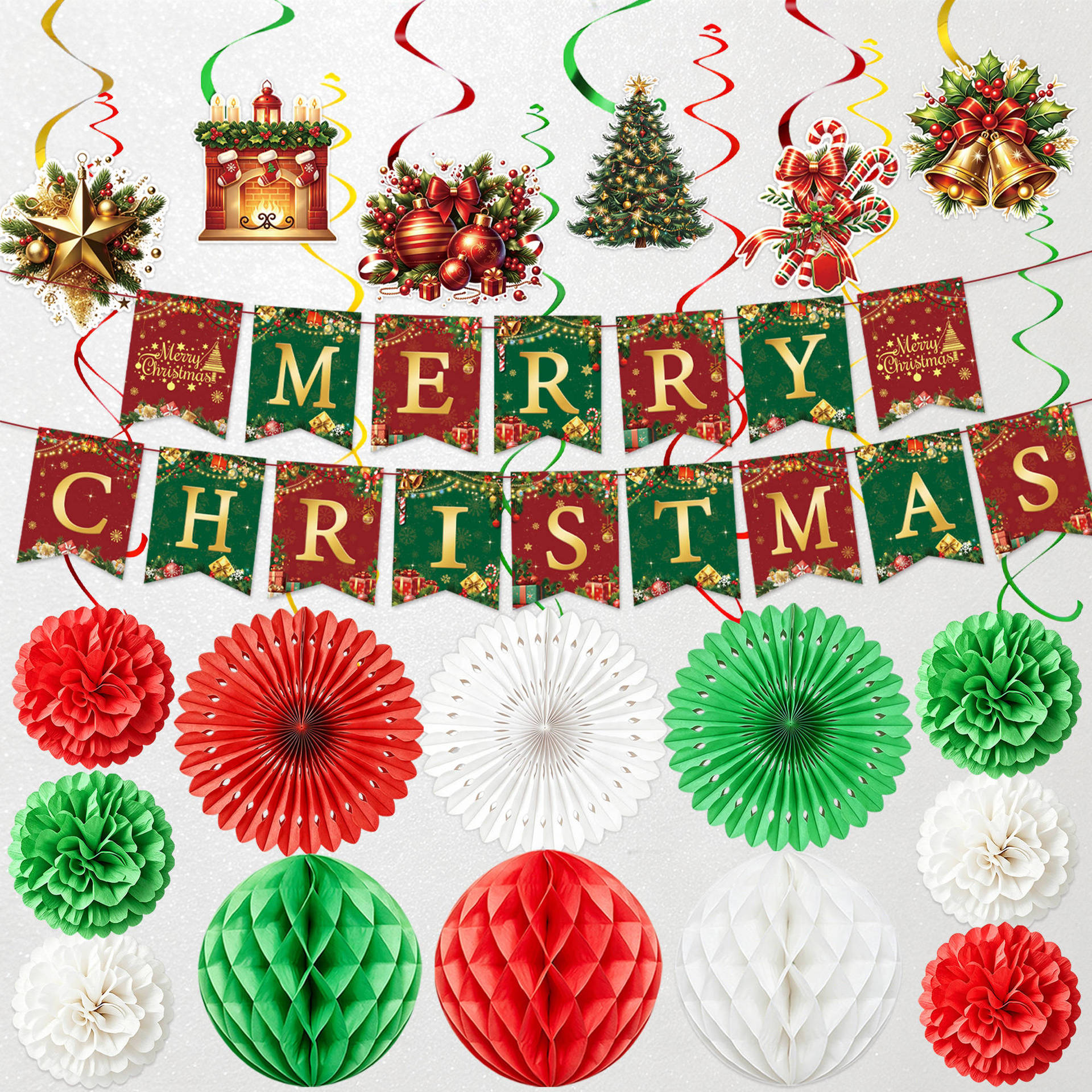Christmas Holiday Ceiling Decoration Set Christmas Bunting Flag Paper Fan Flower Honeycomb Ball Spiral Pendant Full Set