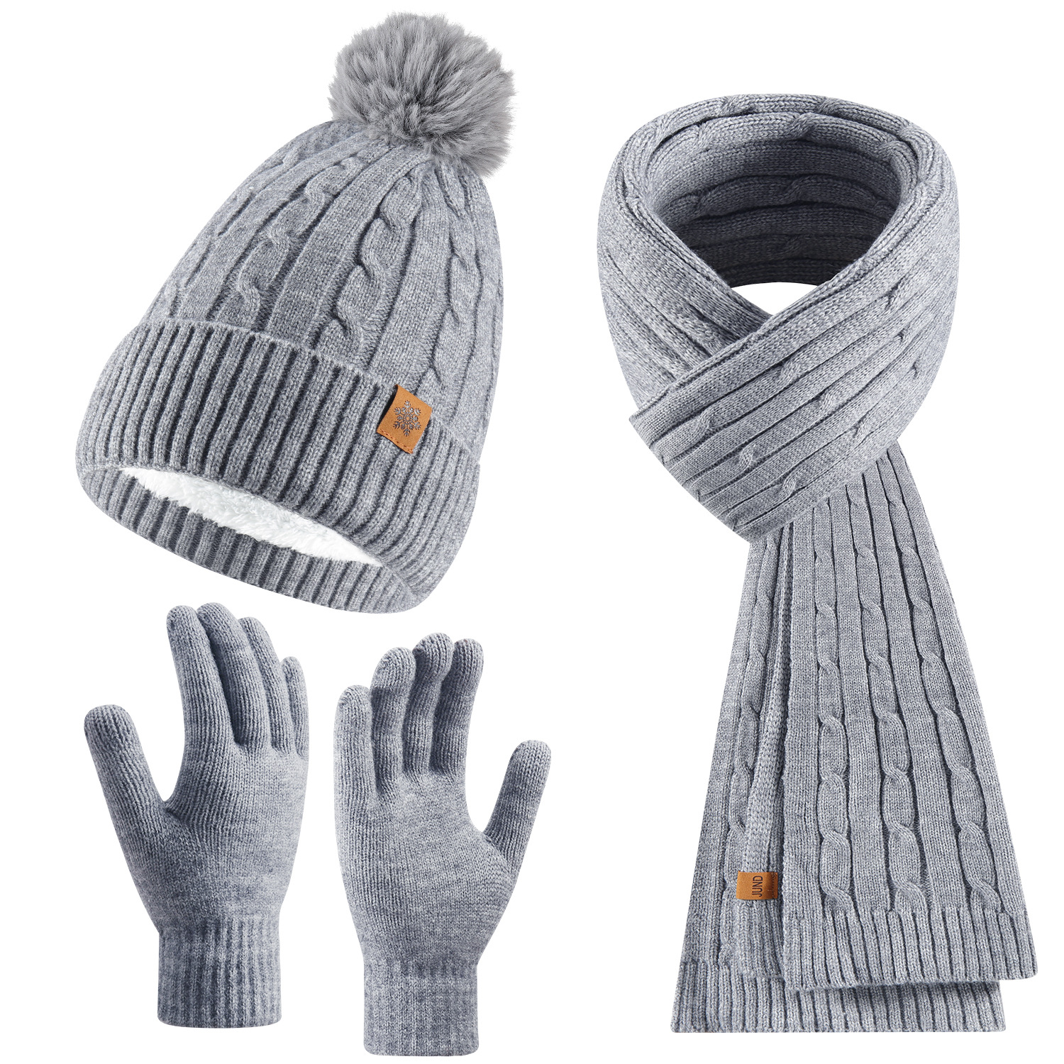 Knitted Hat Women Winter Double-Layer Fleece-Lined Thick Warm Wool Hat Scarf Gloves Three-Piece Set