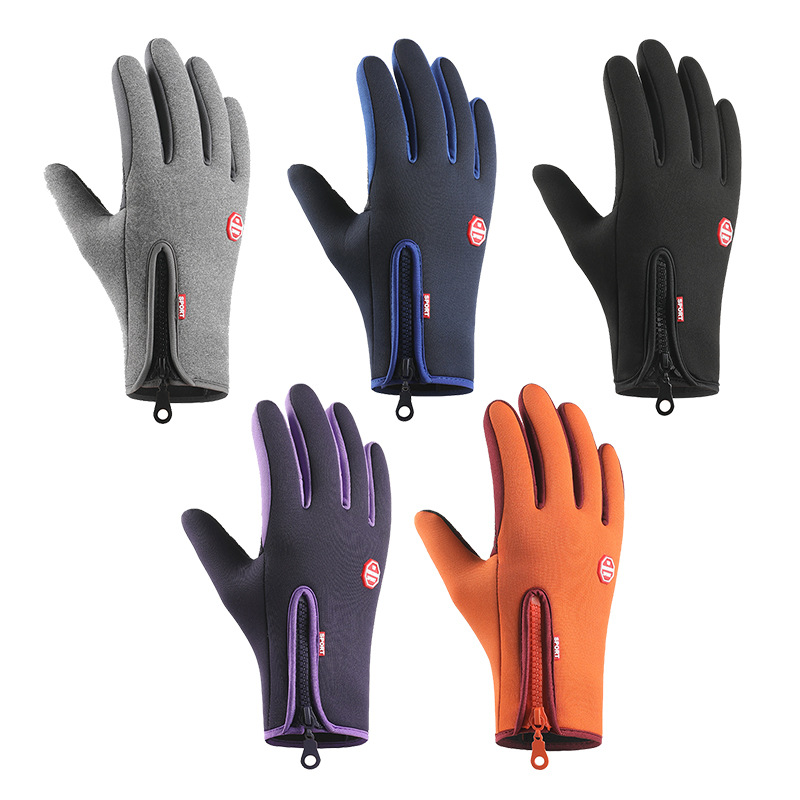 Cross-border gloves zipper outdoor sports gloves men's autumn and winter cycling fleece-lined touch screen waterproof mountaineering gloves