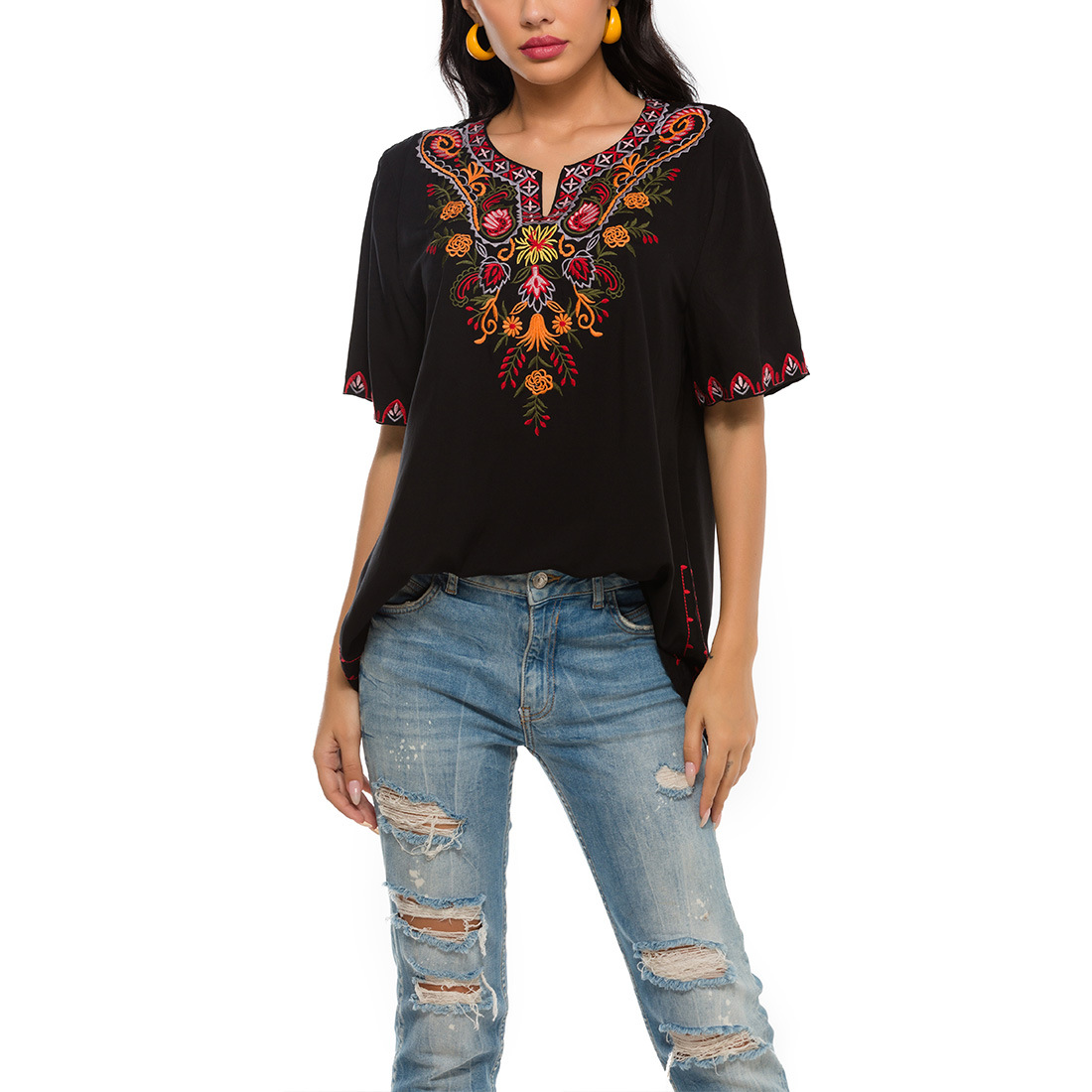 Women's embroidered loose top women's shirt embroidered shirt