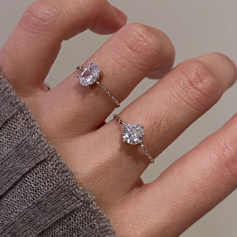 Mermaid's Tear Round High Carbon Diamond Pull Ring Round Bead Oval Zircon Ring Geometric Chain Ring