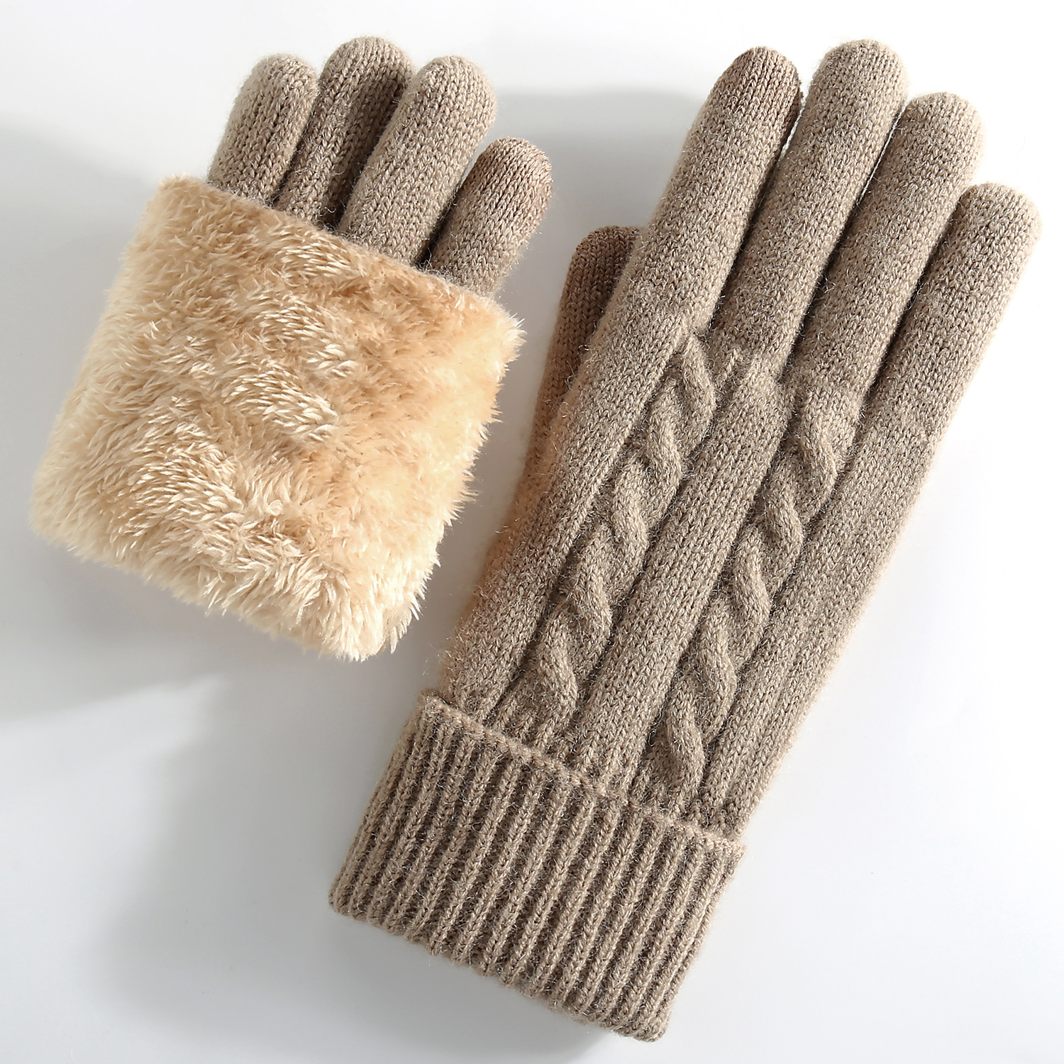 Knitted Gloves Women Winter Double-Layer Fleece-Lined Thick Warm Cold-Proof Outdoor Cycling Touchscreen Gloves