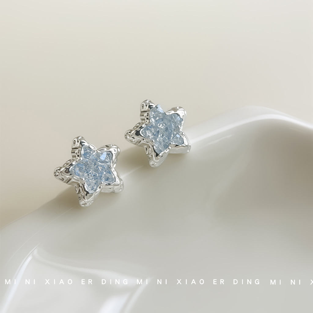 Blue ice crystal~Fresh and sweet five-pointed star silver-plated needle liquid earrings for women, elegant summer earrings