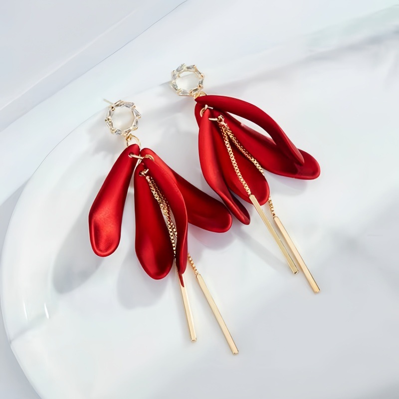 New niche red resin petal earrings women long tassel ear drop new ear accessories